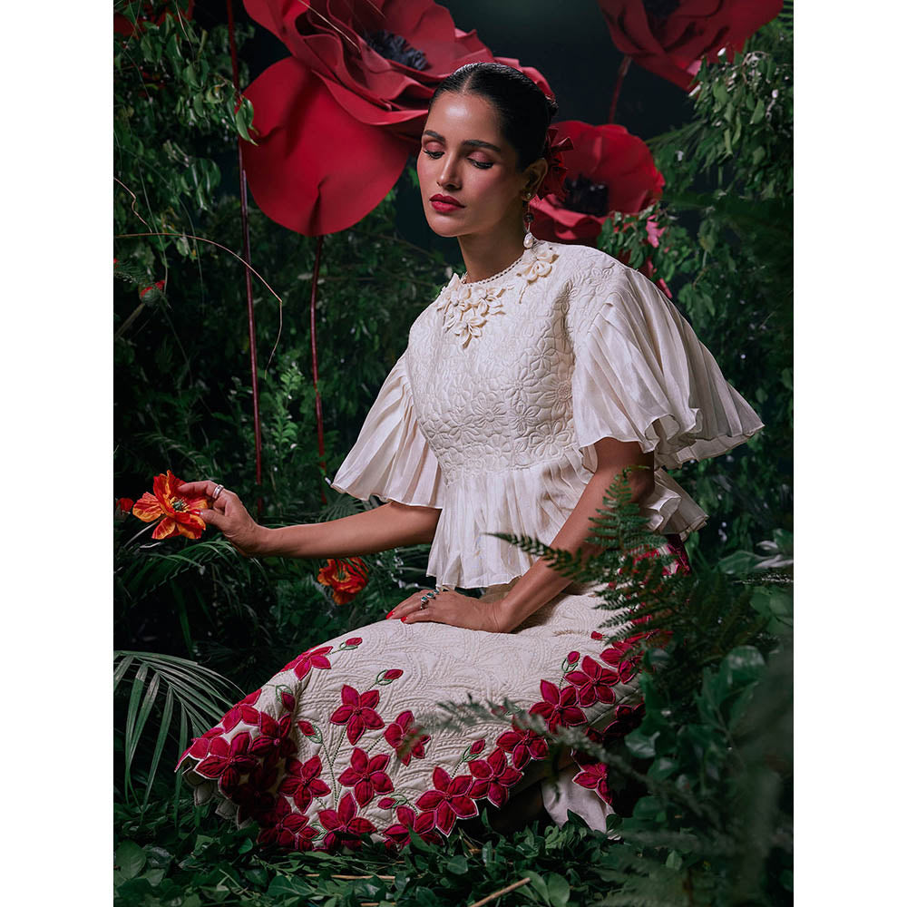 CHANDRIMA Ivory Chanderi Floral Flared Sleeves Crew Neck Thread Work Top