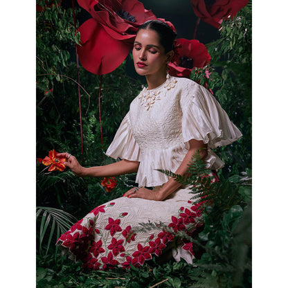 CHANDRIMA Ivory Chanderi Floral Flared Sleeves Crew Neck Thread Work Top