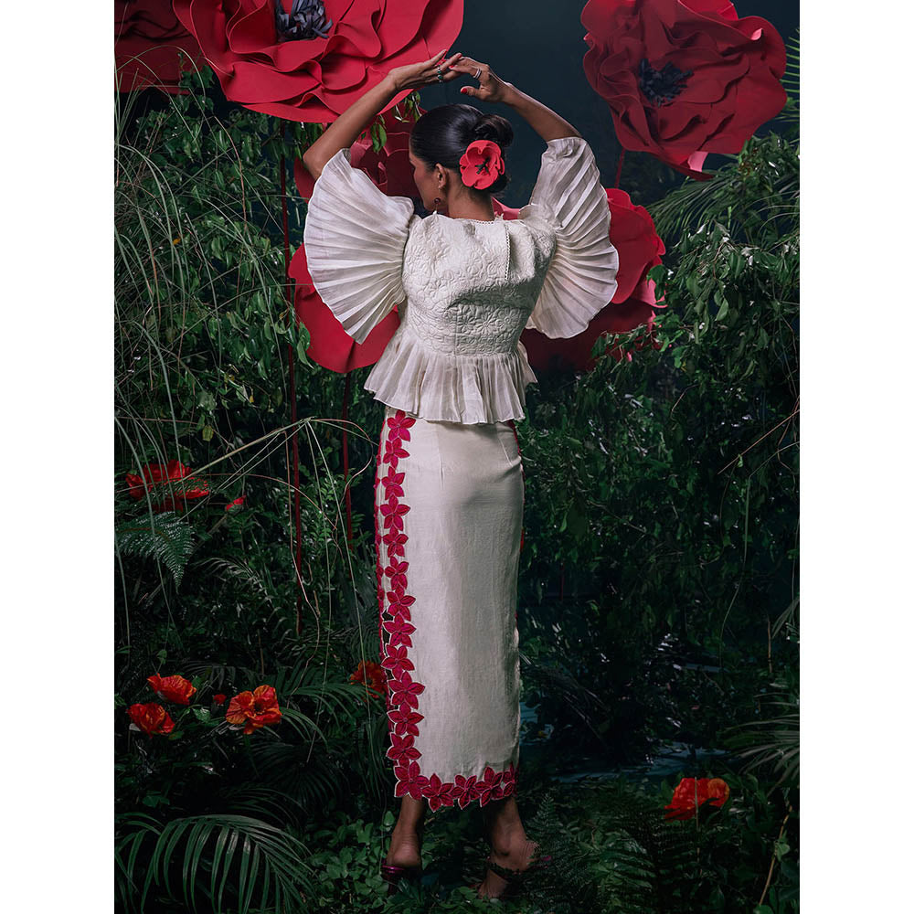 CHANDRIMA Ivory Chanderi Floral Flared Sleeves Crew Neck Thread Work Top