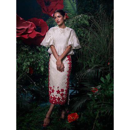 CHANDRIMA Ivory Chanderi Floral Flared Sleeves Crew Neck Thread Work Top