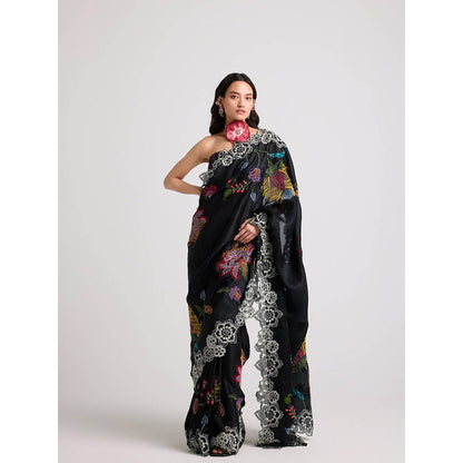 CHANDRIMA Black Embroidered Cutwork Saree with Unstitched Blouse