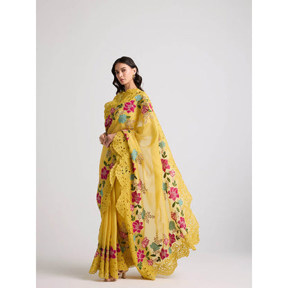 CHANDRIMA Yellow Floral Applique Cutwork Saree with Unstitched Blouse