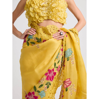 CHANDRIMA Yellow Floral Applique Cutwork Saree with Unstitched Blouse