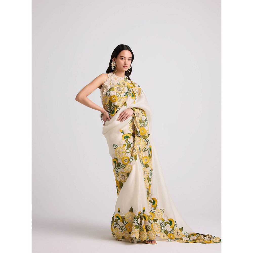 CHANDRIMA Ivory Sunflower Saree with Unstitched Blouse