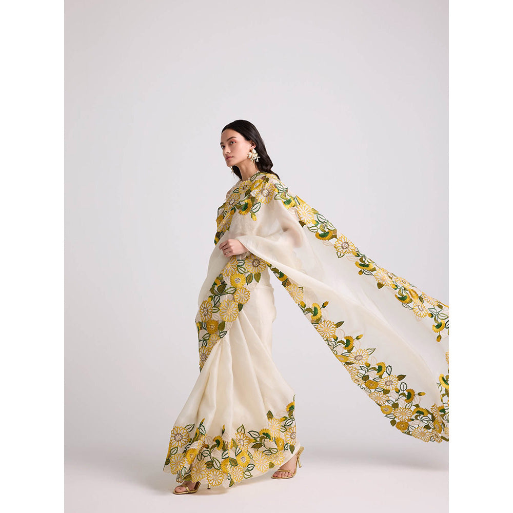 CHANDRIMA Ivory Sunflower Saree with Unstitched Blouse