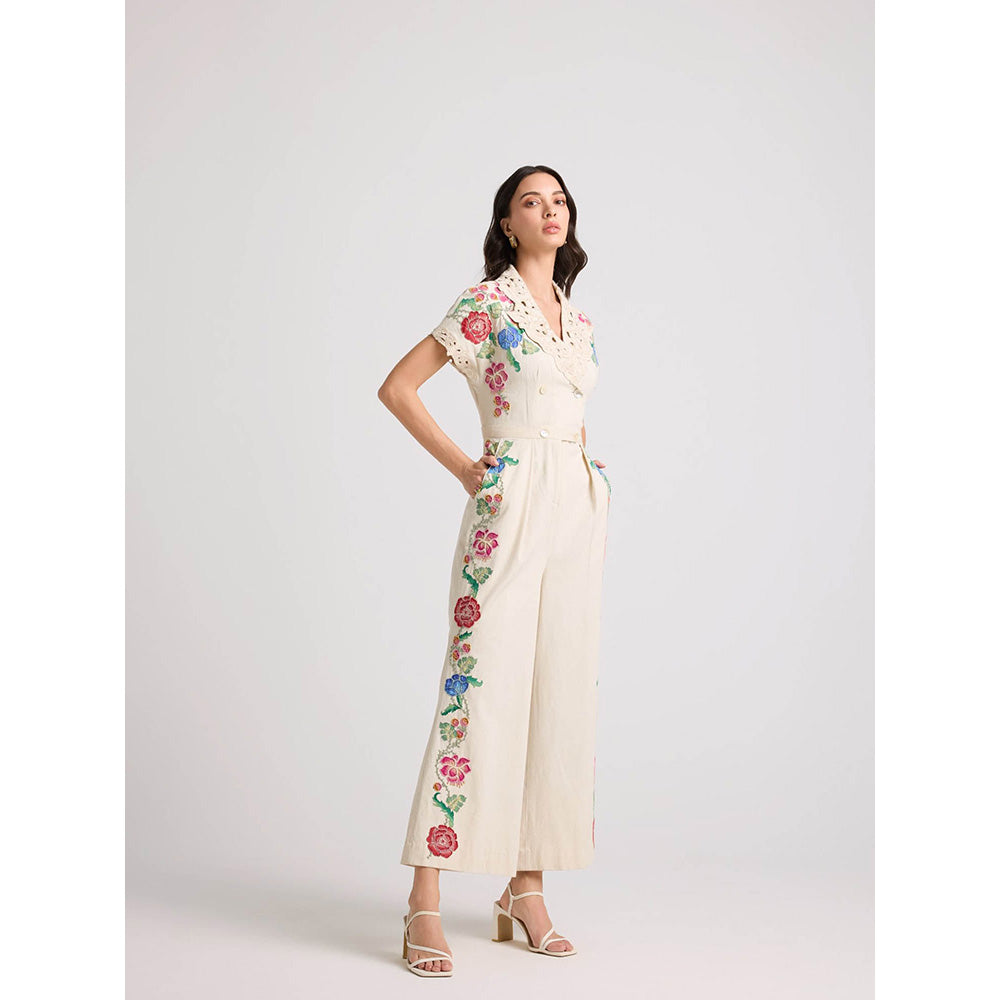 CHANDRIMA Ivory Floral Applique and Beadwork Jumpsuit