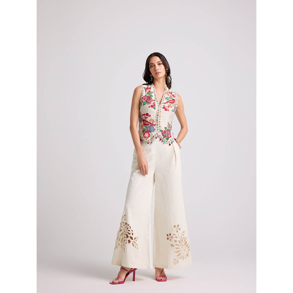 CHANDRIMA Ivory Cutwork Flared Pants