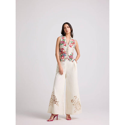 CHANDRIMA Ivory Cutwork Flared Pants