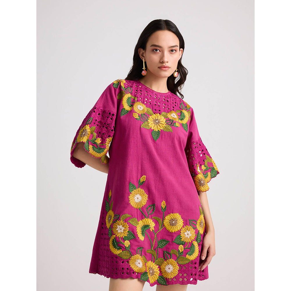 CHANDRIMA Fuchsia Sunflower Short Dress