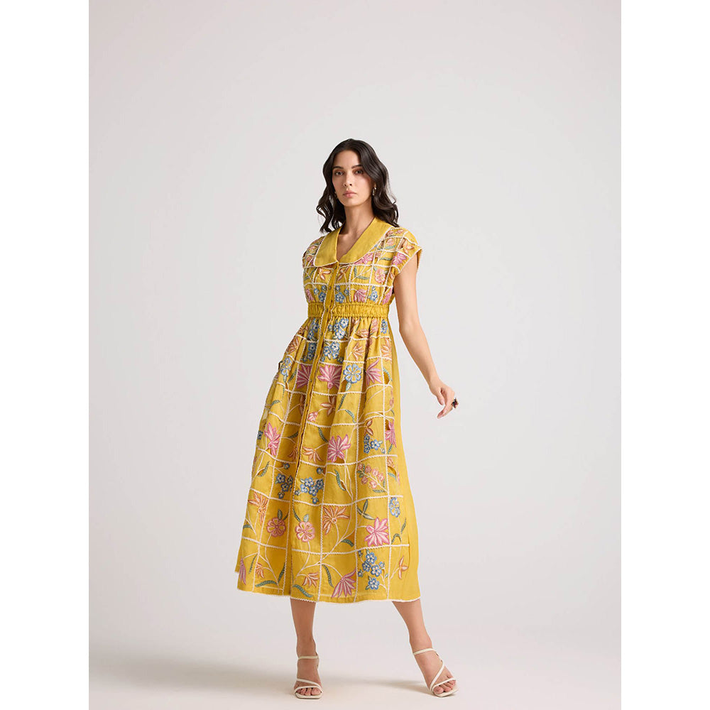 CHANDRIMA Yellow Checkered Shirt Dress