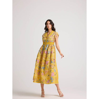 CHANDRIMA Yellow Checkered Shirt Dress
