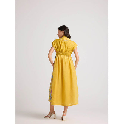 CHANDRIMA Yellow Checkered Shirt Dress