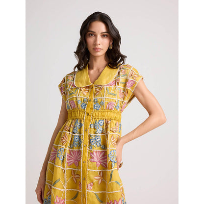 CHANDRIMA Yellow Checkered Shirt Dress