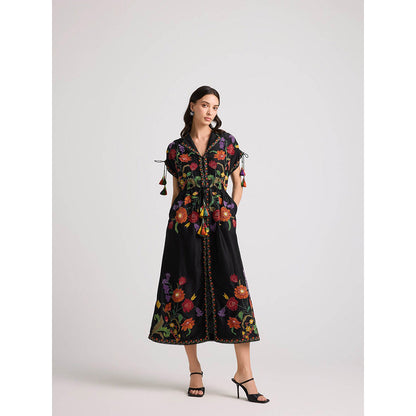 CHANDRIMA Black Applique and Beadwork Shirt Dress