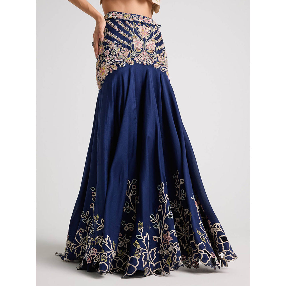 CHANDRIMA Navy Blue Contrast Cordwork Yoke Detail Skirt