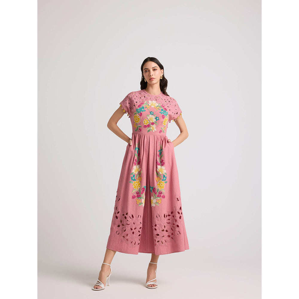 CHANDRIMA Blush Floral Applique and Cutwork Midi Dress