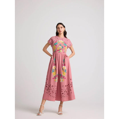 CHANDRIMA Blush Floral Applique and Cutwork Midi Dress