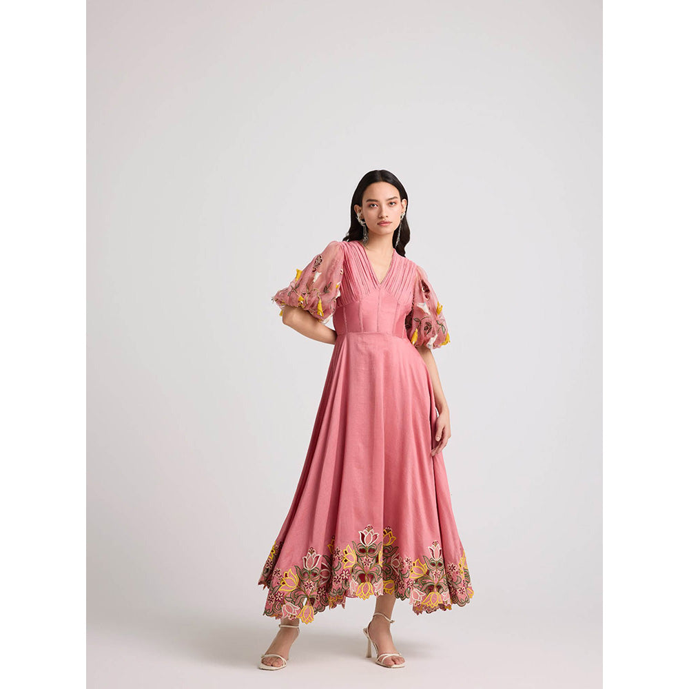 CHANDRIMA Blush Floral Cutwork Midi Dress