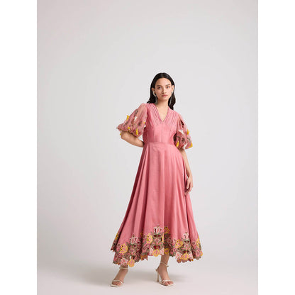 CHANDRIMA Blush Floral Cutwork Midi Dress