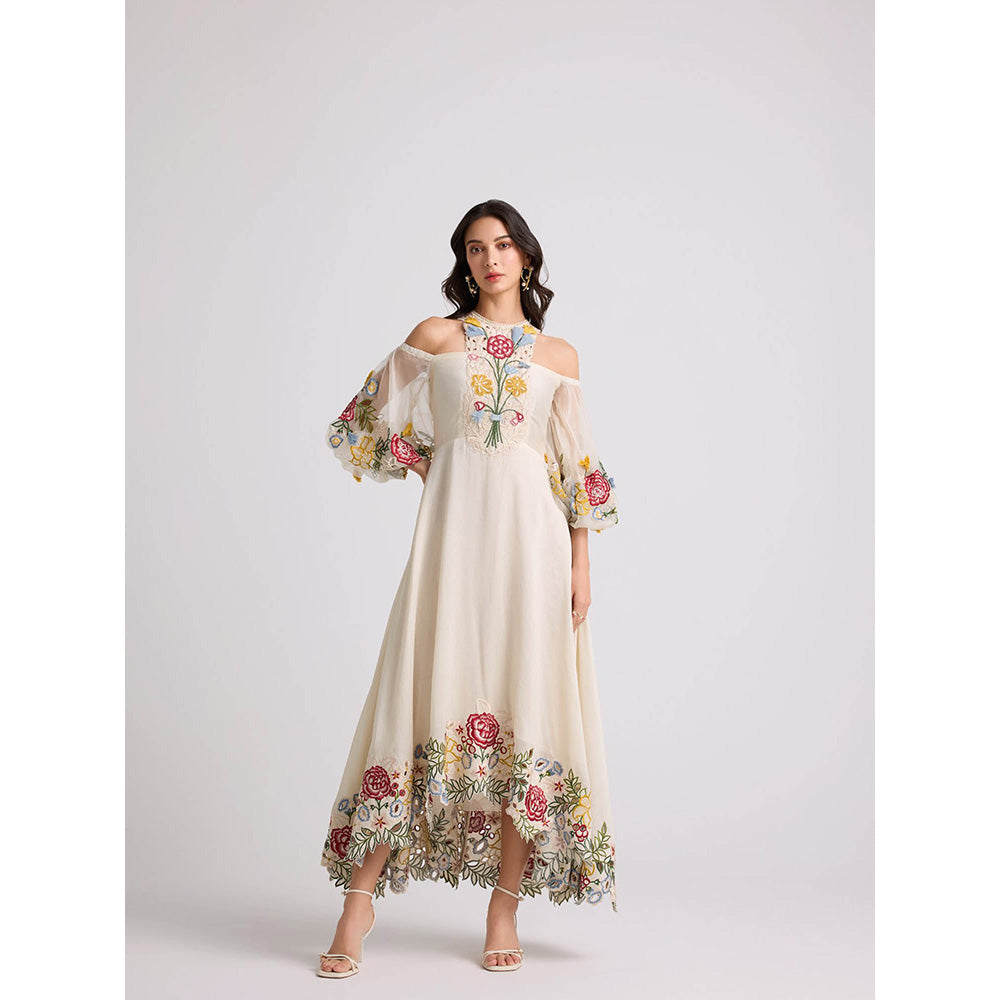 CHANDRIMA Ivory 3D Floral Applique and Threadwork Dress