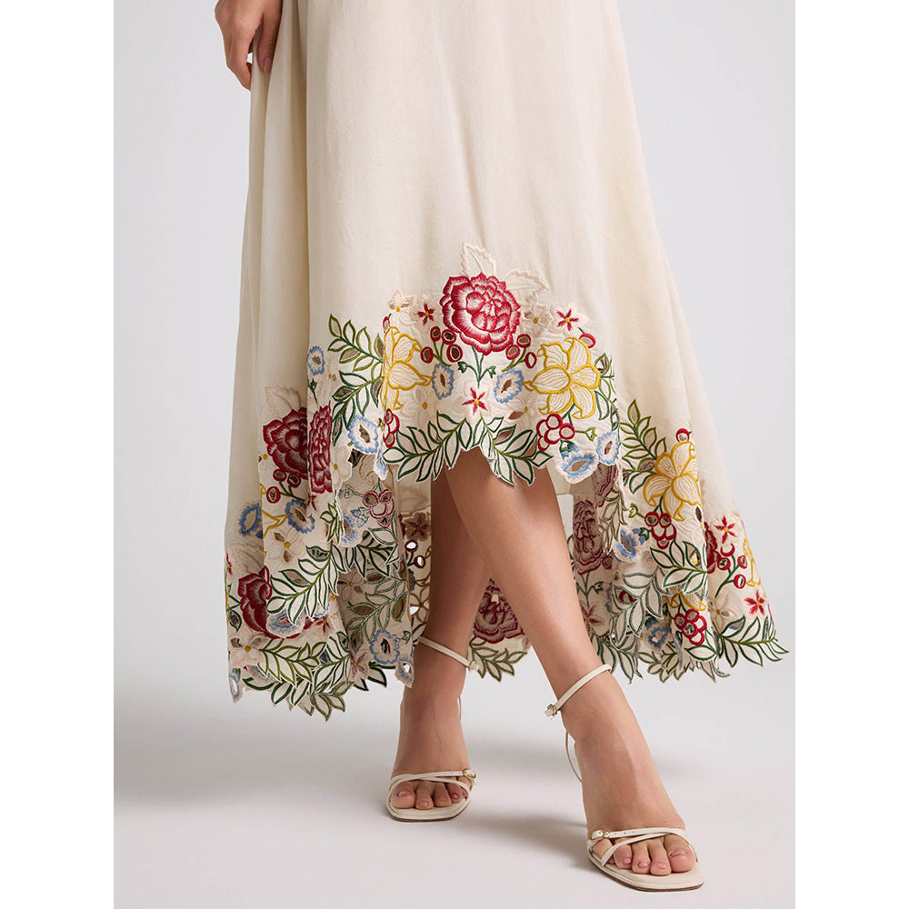 CHANDRIMA Ivory 3D Floral Applique and Threadwork Dress
