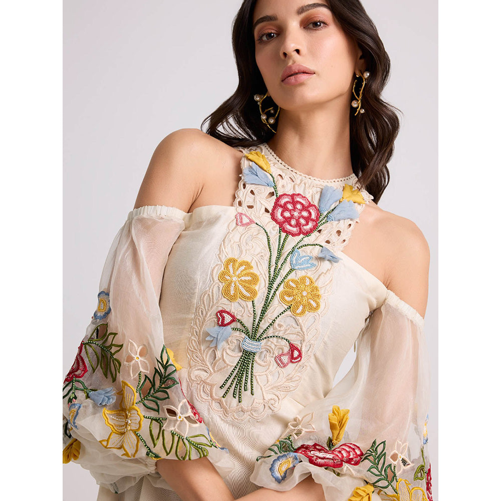 CHANDRIMA Ivory 3D Floral Applique and Threadwork Dress