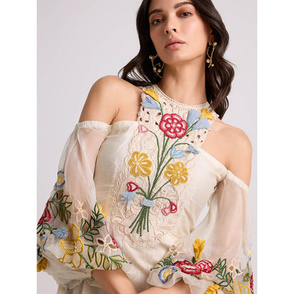 CHANDRIMA Ivory 3D Floral Applique and Threadwork Dress