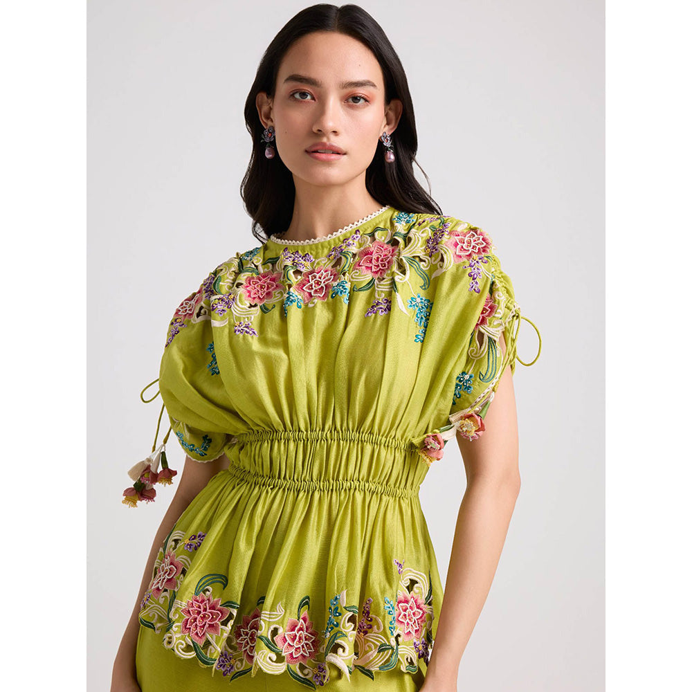 CHANDRIMA Lime Green Floral Cutwork Ruched Top