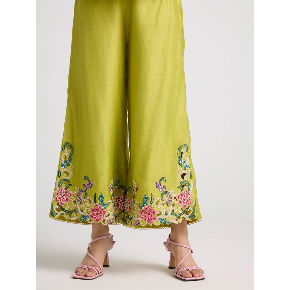 CHANDRIMA Lime Green Floral Cutwork Pants