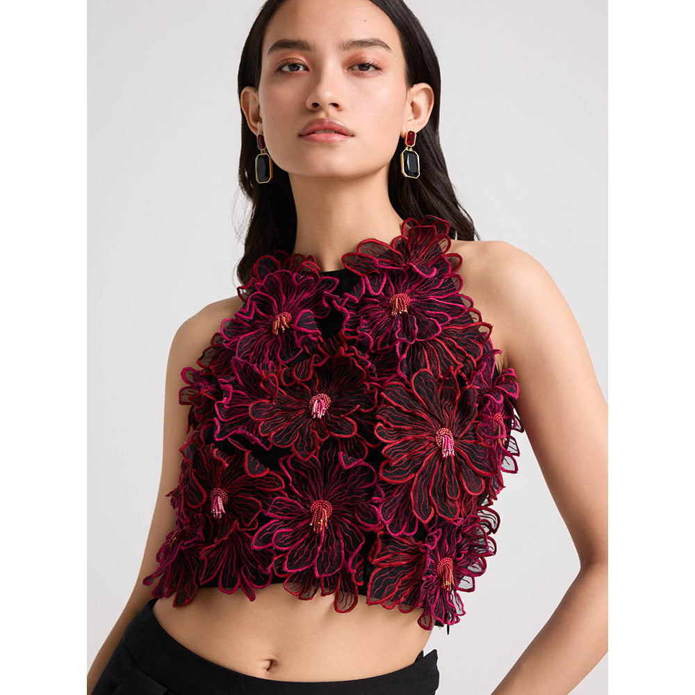 CHANDRIMA Black Daisy 3D Applique Crop Top
