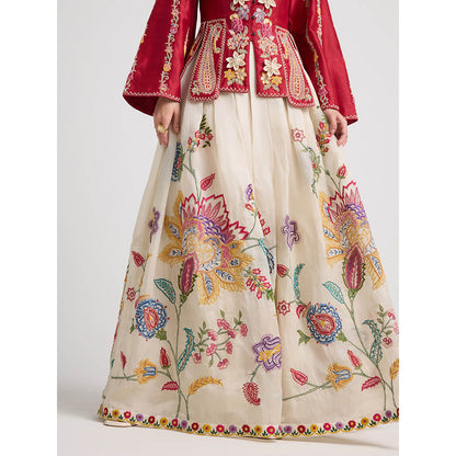 CHANDRIMA Ivory Threadwork and Beadwork Pleated Skirt
