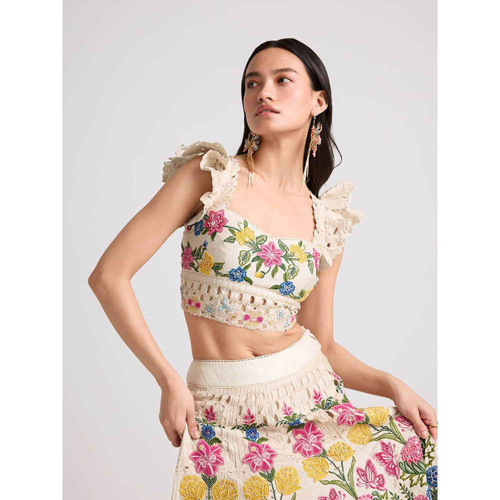 CHANDRIMA Ivory Floral Threadwork and Beadwork Crop Top