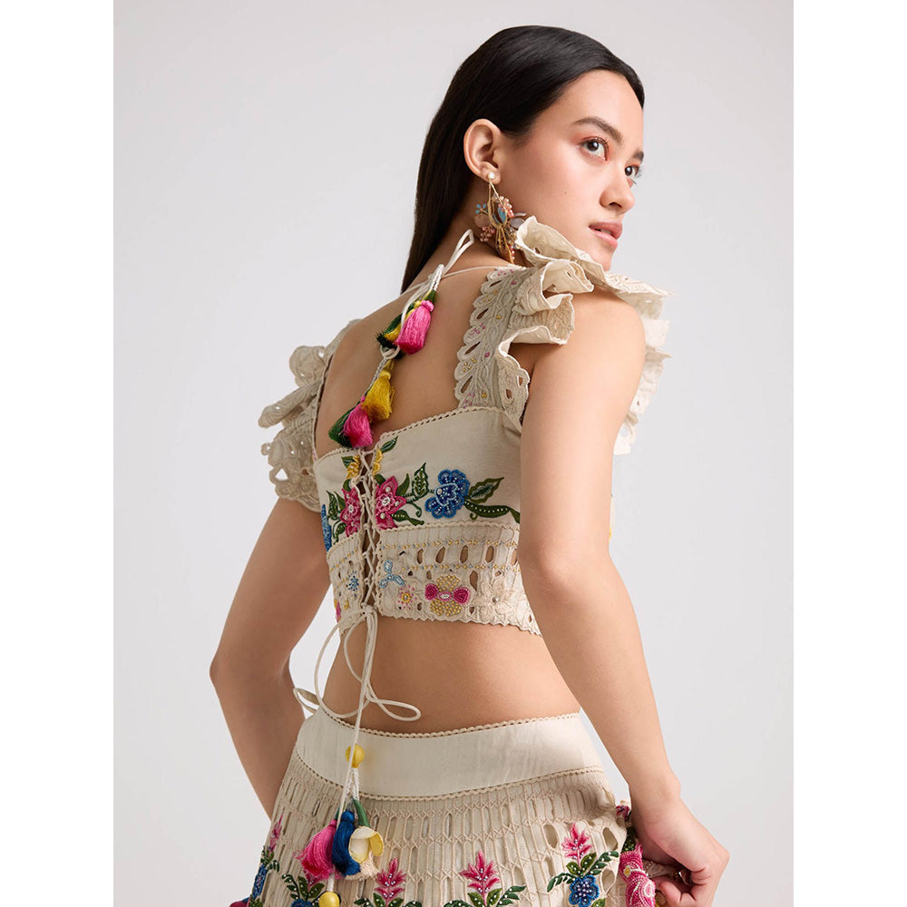 CHANDRIMA Ivory Floral Threadwork and Beadwork Crop Top