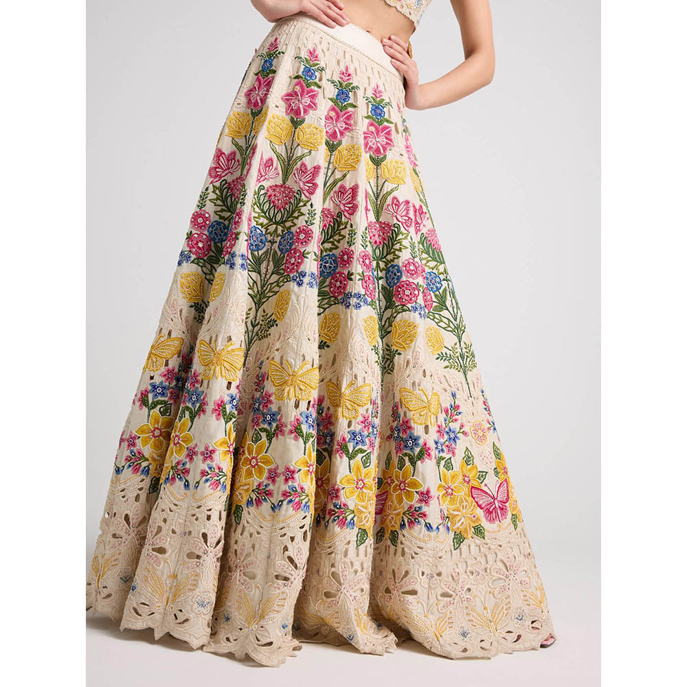 CHANDRIMA Ivory Floral Threadwork and Beadwork Skirt
