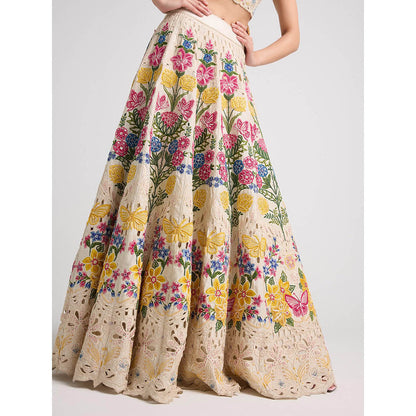 CHANDRIMA Ivory Floral Threadwork and Beadwork Skirt