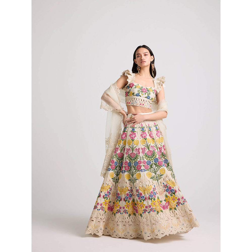 CHANDRIMA Ivory Floral Threadwork and Beadwork Skirt