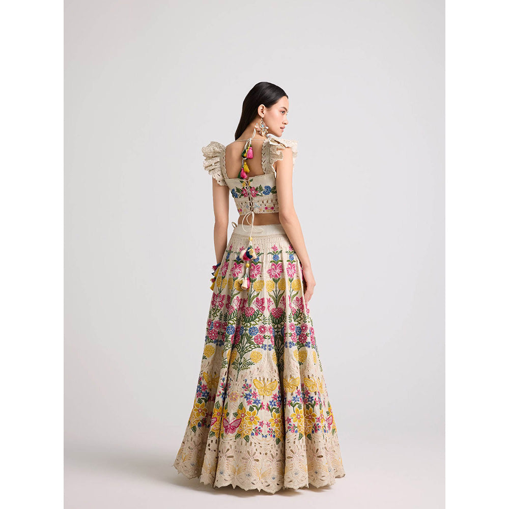 CHANDRIMA Ivory Floral Threadwork and Beadwork Skirt
