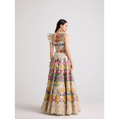 CHANDRIMA Ivory Floral Threadwork and Beadwork Skirt