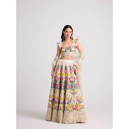 CHANDRIMA Ivory Floral Threadwork and Beadwork Skirt
