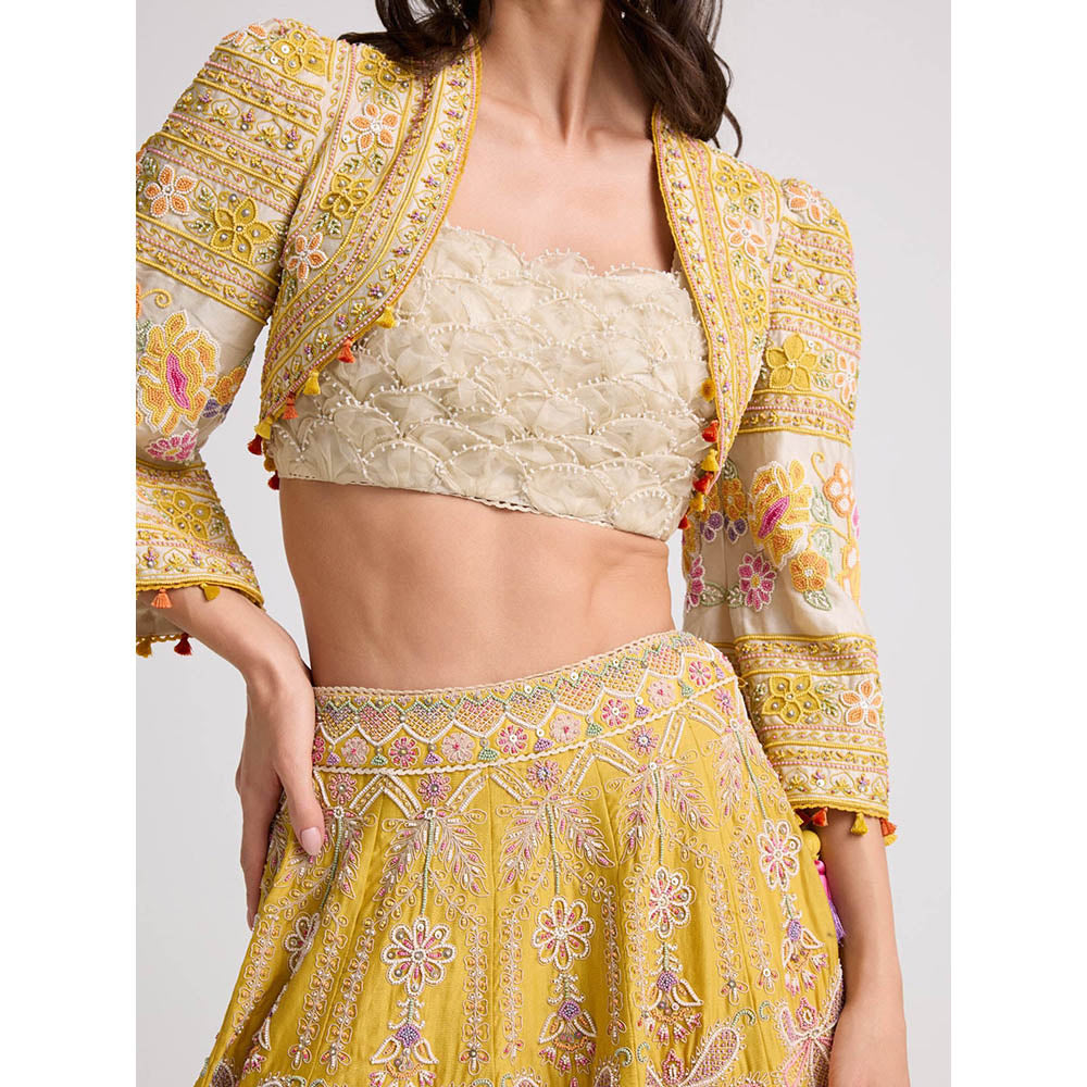 CHANDRIMA Yellow Contrast Cordwork and Beadwork Bolero Jacket