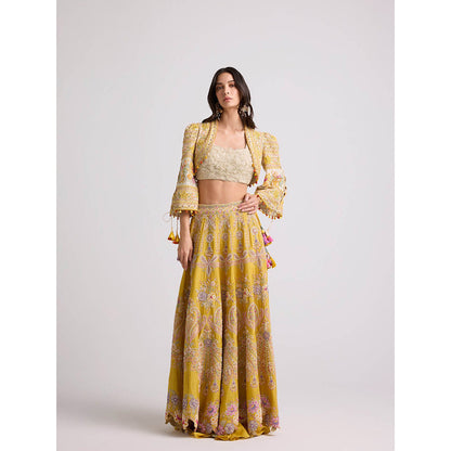CHANDRIMA Yellow Contrast Cordwork and Beadwork Skirt