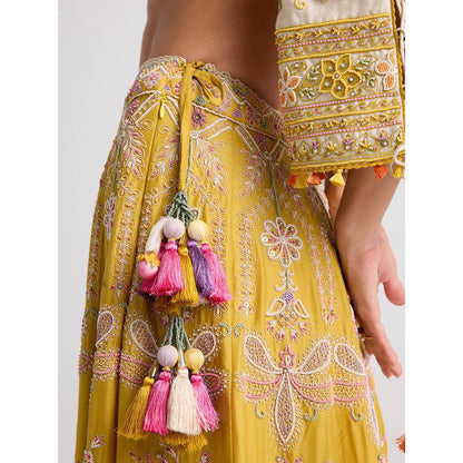 CHANDRIMA Yellow Contrast Cordwork and Beadwork Skirt