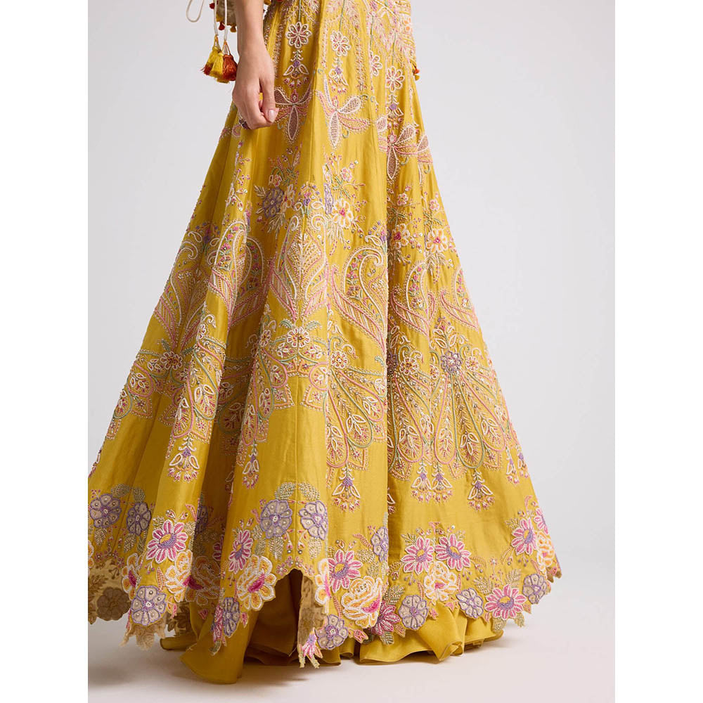 CHANDRIMA Yellow Contrast Cordwork and Beadwork Skirt