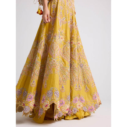 CHANDRIMA Yellow Contrast Cordwork and Beadwork Skirt