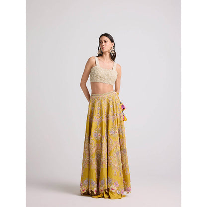 CHANDRIMA Yellow Contrast Cordwork and Beadwork Skirt