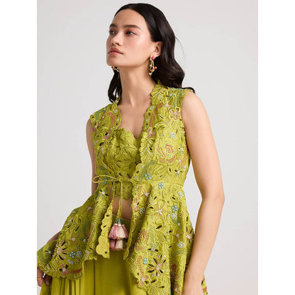 CHANDRIMA Lime Green Cutwork and Beadwork Jacket