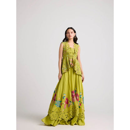 CHANDRIMA Lime Green Floral Applique Layered Skirt