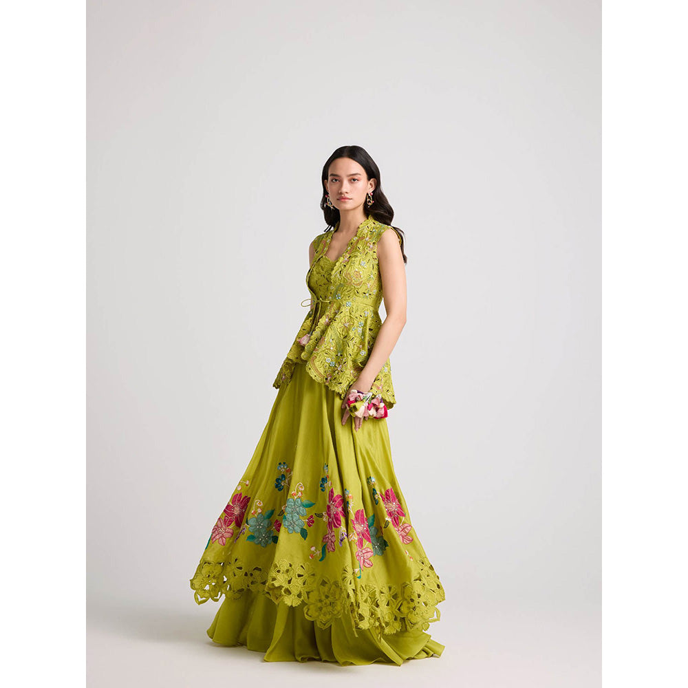 CHANDRIMA Lime Green Floral Applique Layered Skirt