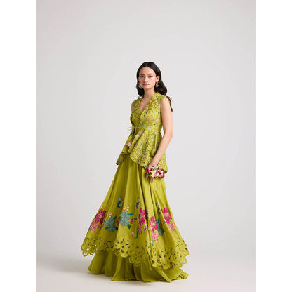 CHANDRIMA Lime Green Floral Applique Layered Skirt