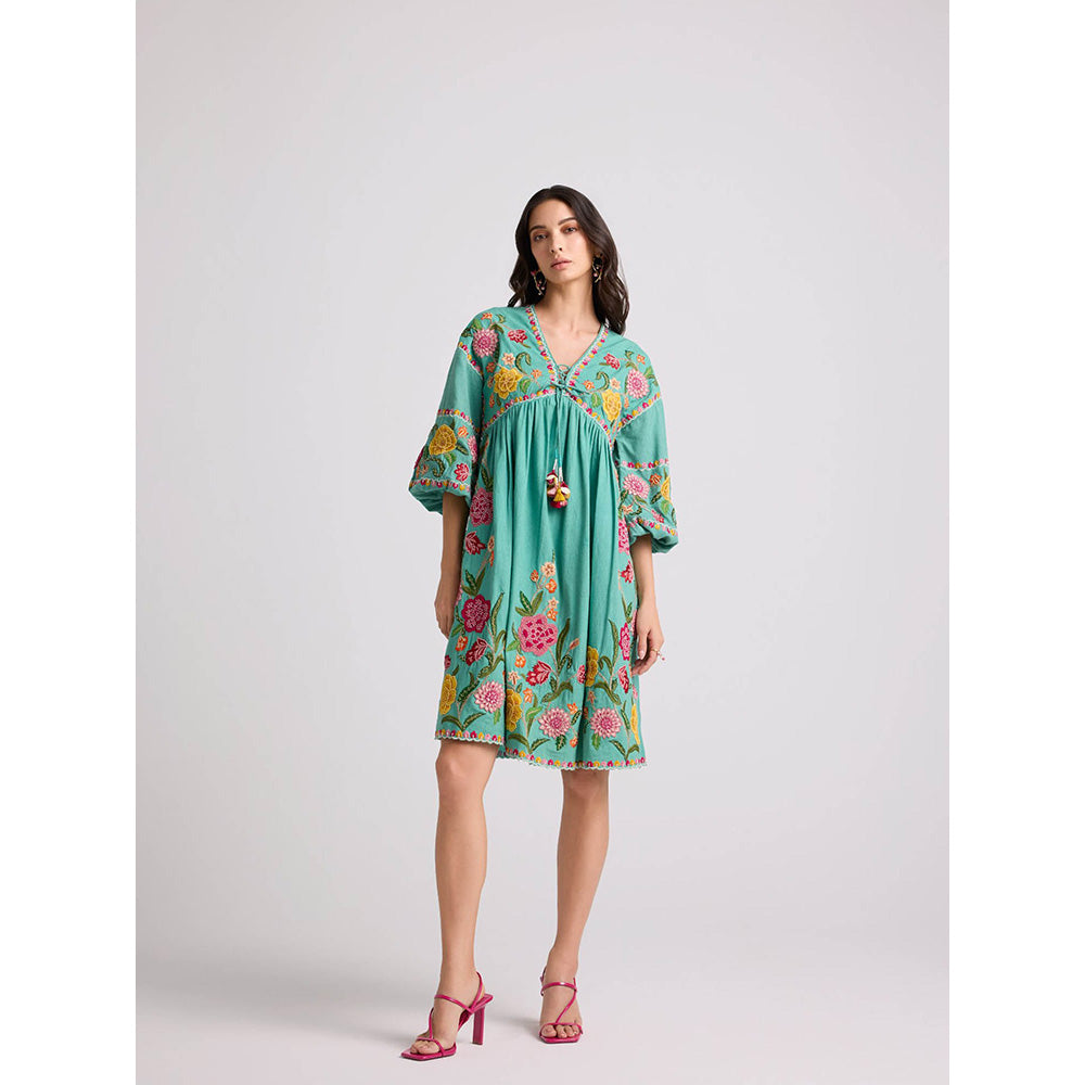 CHANDRIMA Aqua Blue Embroidered Gathered Dress